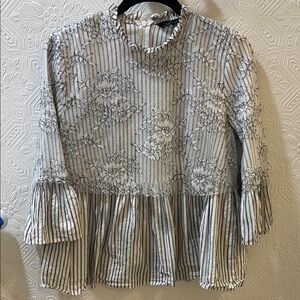 Zara Black and White Pleated Blouse with Mandarin Collar